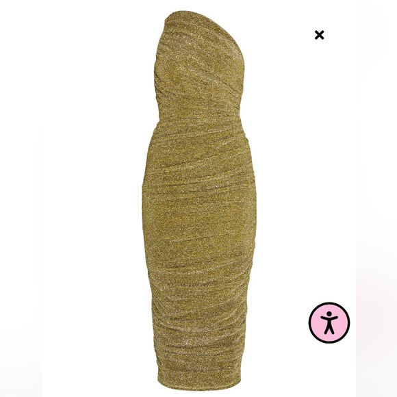 Gold Glitter Plisse Ruched One Shoulder Midi Dress size 16 - Picture 5 of 5